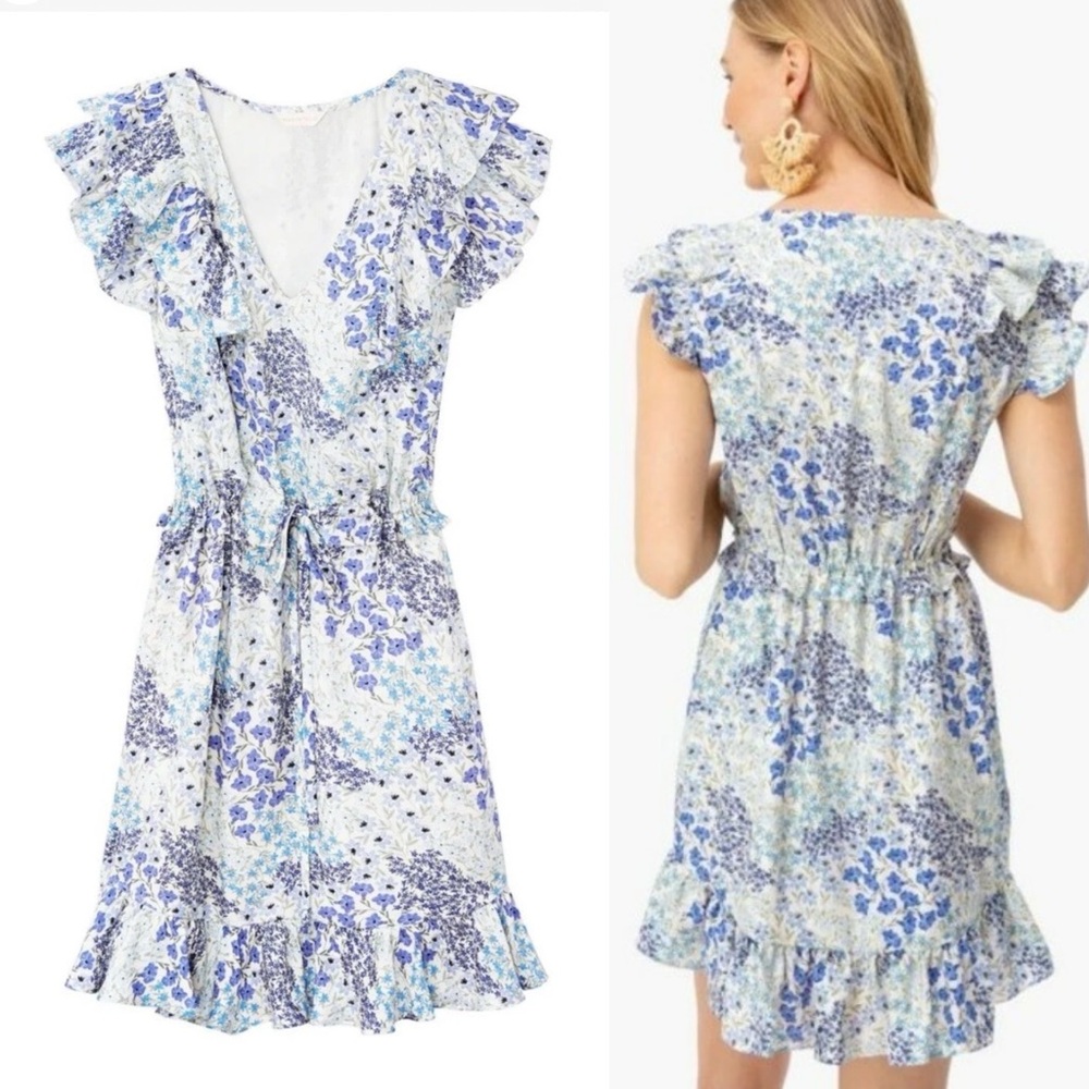 Rebecca Taylor 100% Silk Blue Purple Floral Ruffle Sleeve Dress Tie Waist 6